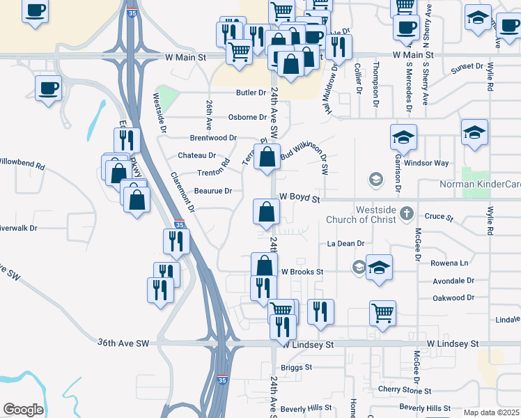 map of restaurants, bars, coffee shops, grocery stores, and more near 600 24th Avenue Southwest in Norman