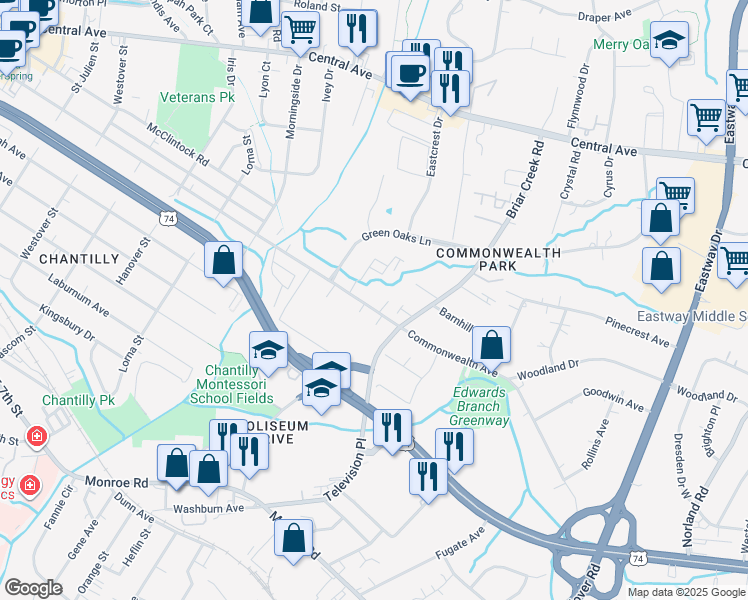 map of restaurants, bars, coffee shops, grocery stores, and more near 3007 Commonwealth Ave in Charlotte