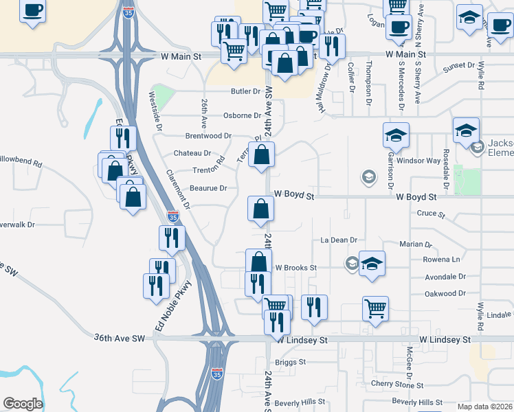 map of restaurants, bars, coffee shops, grocery stores, and more near 600 24th Avenue Southwest in Norman