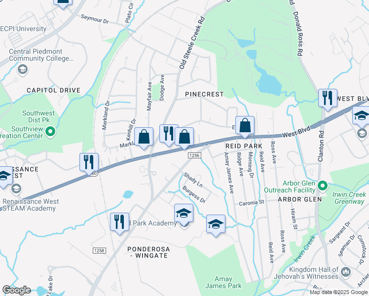 map of restaurants, bars, coffee shops, grocery stores, and more near 2550 West Boulevard in Charlotte