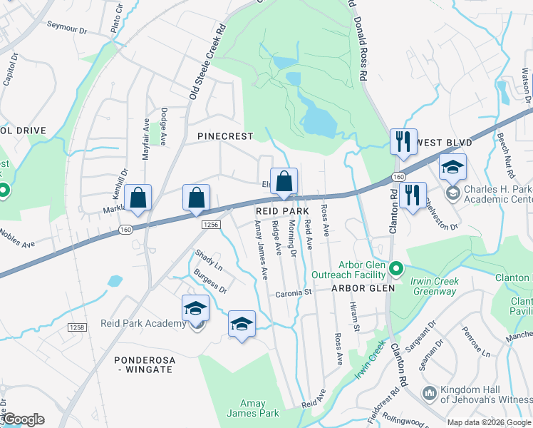 map of restaurants, bars, coffee shops, grocery stores, and more near 2408 Sherrill Street in Charlotte