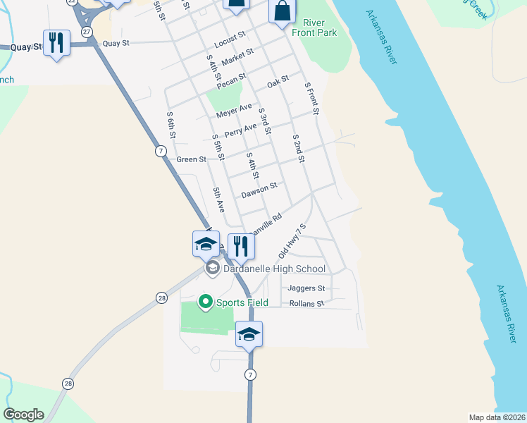 map of restaurants, bars, coffee shops, grocery stores, and more near 100-146 Love Street in Dardanelle