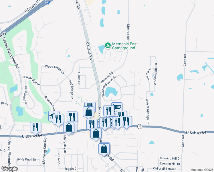 map of restaurants, bars, coffee shops, grocery stores, and more near 9913 Woodland Bend Drive in Lakeland