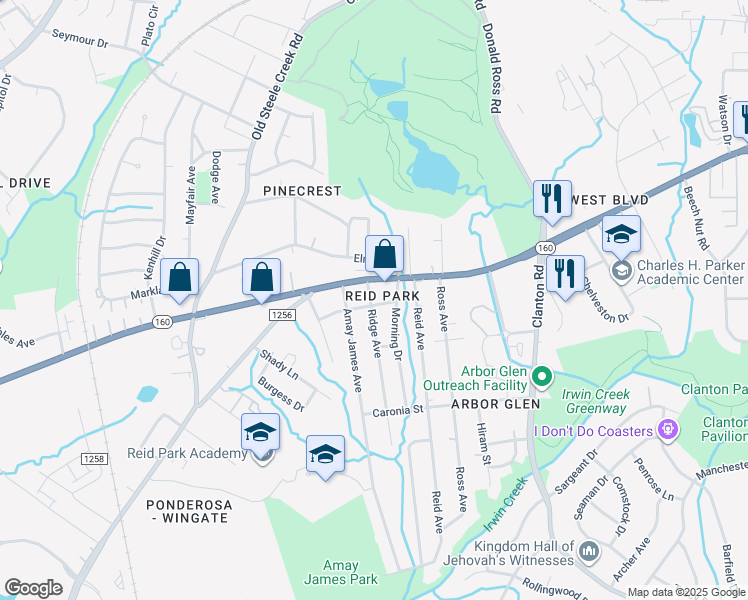 map of restaurants, bars, coffee shops, grocery stores, and more near 2745 Ridge Avenue in Charlotte