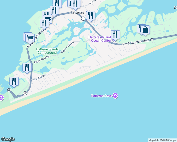 map of restaurants, bars, coffee shops, grocery stores, and more near 57311 Lighthouse Road in Hatteras