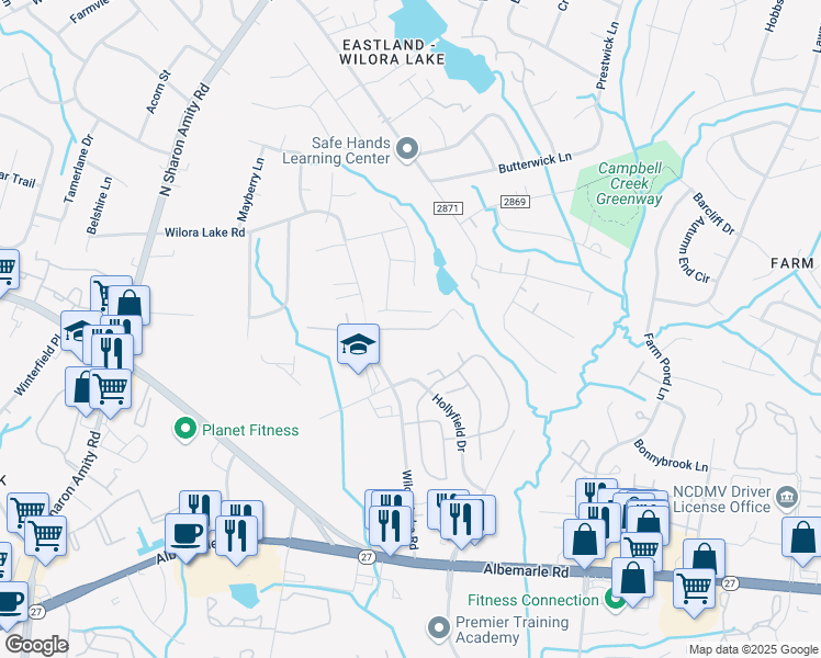 map of restaurants, bars, coffee shops, grocery stores, and more near Vernedale Glen Drive in Charlotte