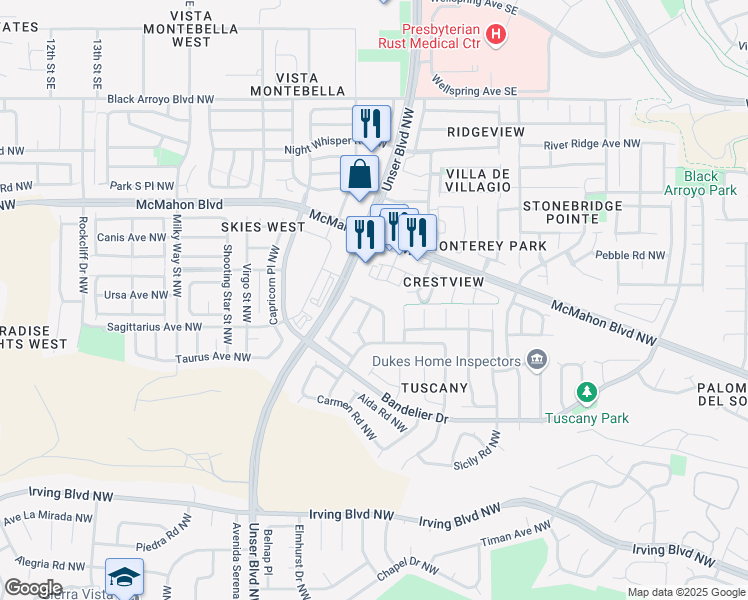 map of restaurants, bars, coffee shops, grocery stores, and more near 6215 Contess Road Northwest in Albuquerque