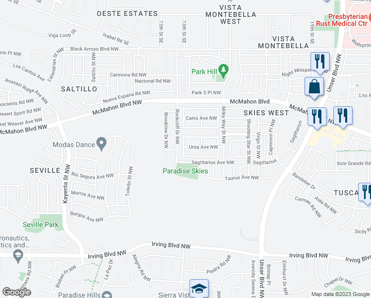 map of restaurants, bars, coffee shops, grocery stores, and more near 6140 Ursa Avenue Northwest in Albuquerque