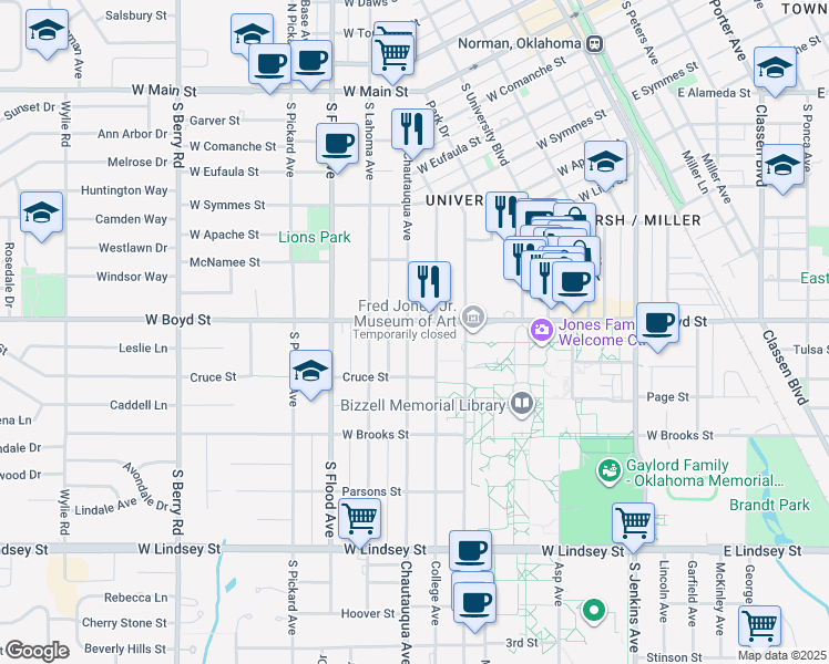 map of restaurants, bars, coffee shops, grocery stores, and more near 609 Chautauqua Avenue in Norman