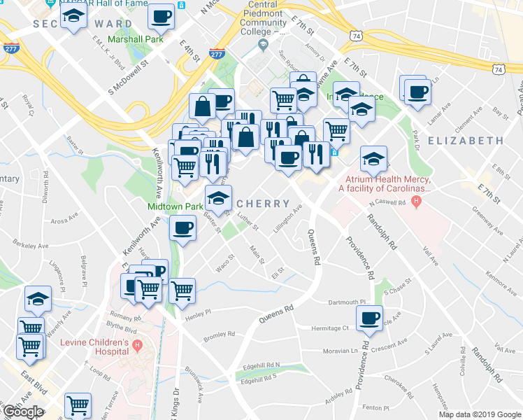 map of restaurants, bars, coffee shops, grocery stores, and more near 316 Baldwin Avenue in Charlotte