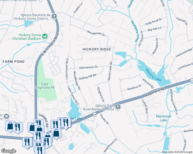 map of restaurants, bars, coffee shops, grocery stores, and more near 7617 Rolling Hill Road in Charlotte