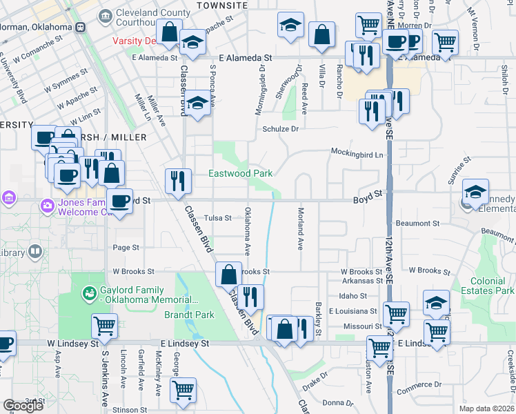map of restaurants, bars, coffee shops, grocery stores, and more near 644 Boyd Street in Norman