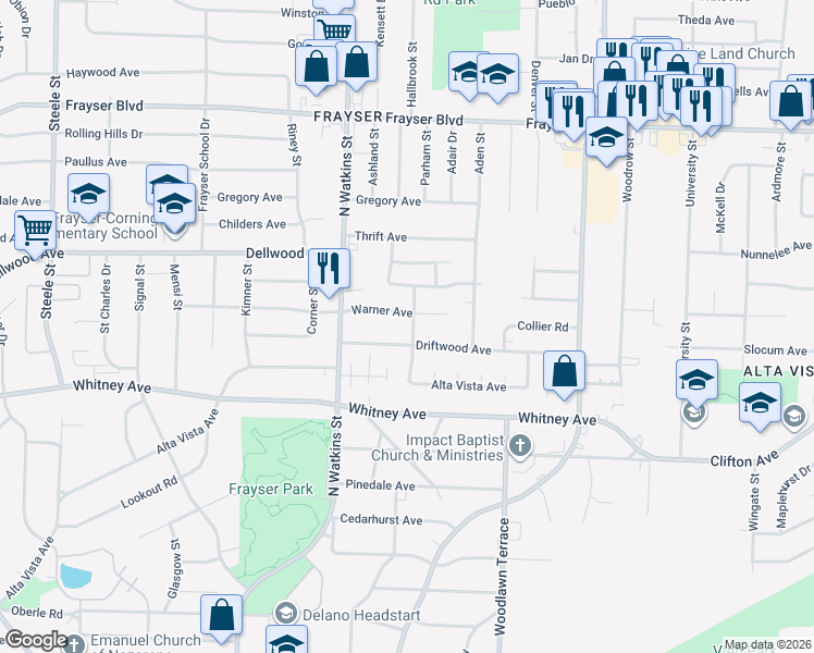 map of restaurants, bars, coffee shops, grocery stores, and more near 1871 Warner Avenue in Memphis