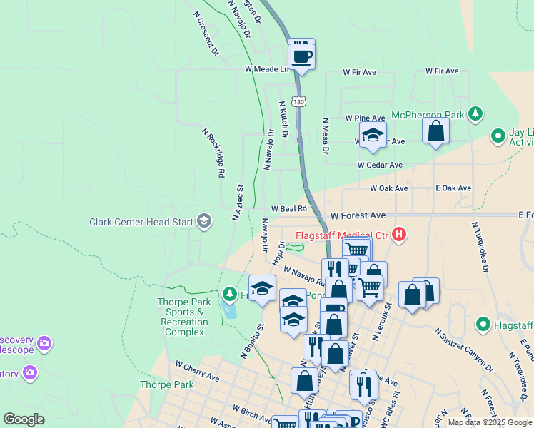 map of restaurants, bars, coffee shops, grocery stores, and more near 1122 North Navajo Drive in Flagstaff