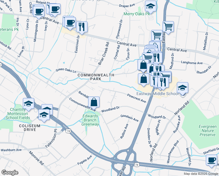 map of restaurants, bars, coffee shops, grocery stores, and more near 1327 Pinecrest Avenue in Charlotte