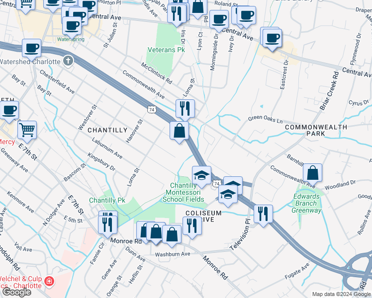 map of restaurants, bars, coffee shops, grocery stores, and more near in Charlotte
