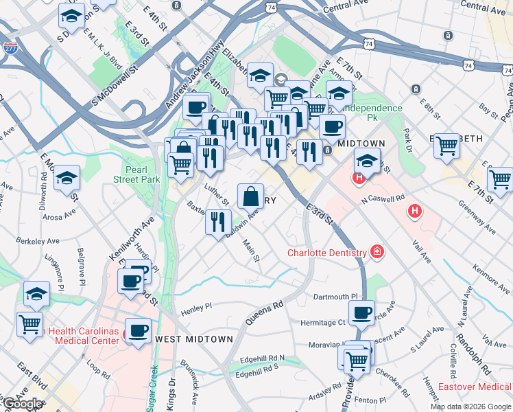 map of restaurants, bars, coffee shops, grocery stores, and more near 304 Baldwin Avenue in Charlotte