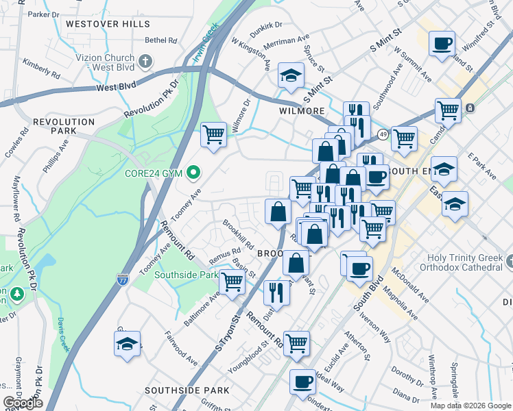 map of restaurants, bars, coffee shops, grocery stores, and more near in Charlotte