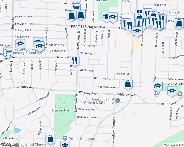 map of restaurants, bars, coffee shops, grocery stores, and more near 1871 Warner Avenue in Memphis