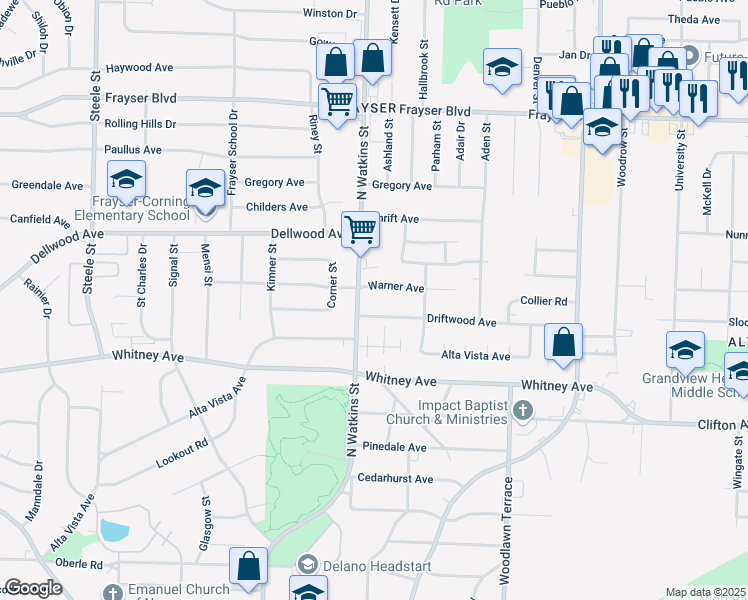 map of restaurants, bars, coffee shops, grocery stores, and more near 1829 Warner Avenue in Memphis