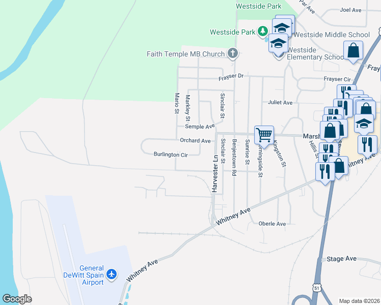 map of restaurants, bars, coffee shops, grocery stores, and more near 566 Burlington Circle in Memphis