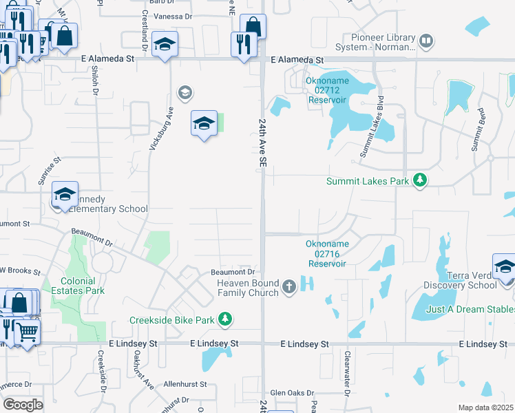 map of restaurants, bars, coffee shops, grocery stores, and more near 2321 Lafayette Drive in Norman