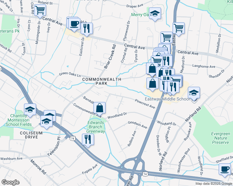 map of restaurants, bars, coffee shops, grocery stores, and more near 1327 Pinecrest Avenue in Charlotte