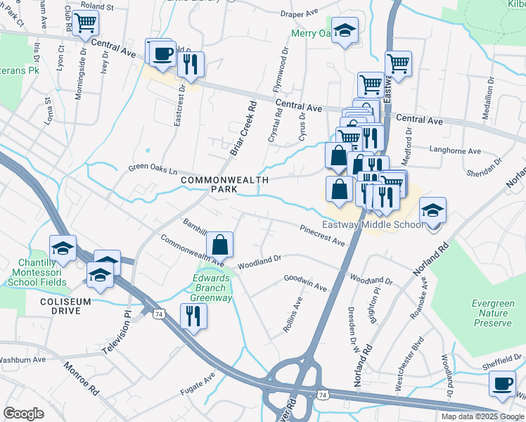 map of restaurants, bars, coffee shops, grocery stores, and more near 1327 Pinecrest Avenue in Charlotte