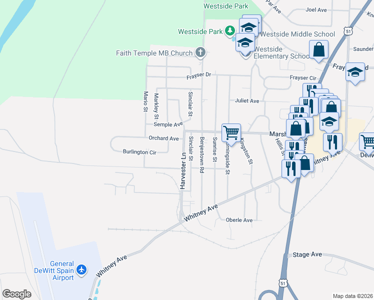 map of restaurants, bars, coffee shops, grocery stores, and more near 3130 Sinclair Street in Memphis