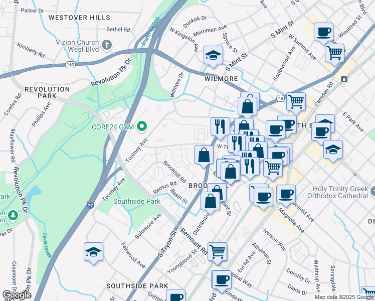 map of restaurants, bars, coffee shops, grocery stores, and more near 421 West Tremont Avenue in Charlotte