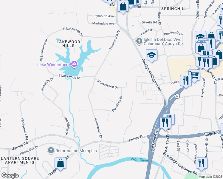 map of restaurants, bars, coffee shops, grocery stores, and more near 4009 South Lakewood Drive in Memphis
