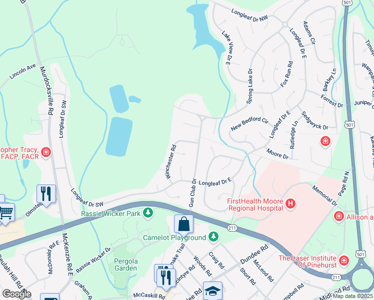 map of restaurants, bars, coffee shops, grocery stores, and more near 7 Gilmore Road in Pinehurst