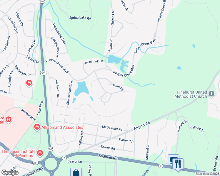 map of restaurants, bars, coffee shops, grocery stores, and more near 60 Scott Road in Pinehurst