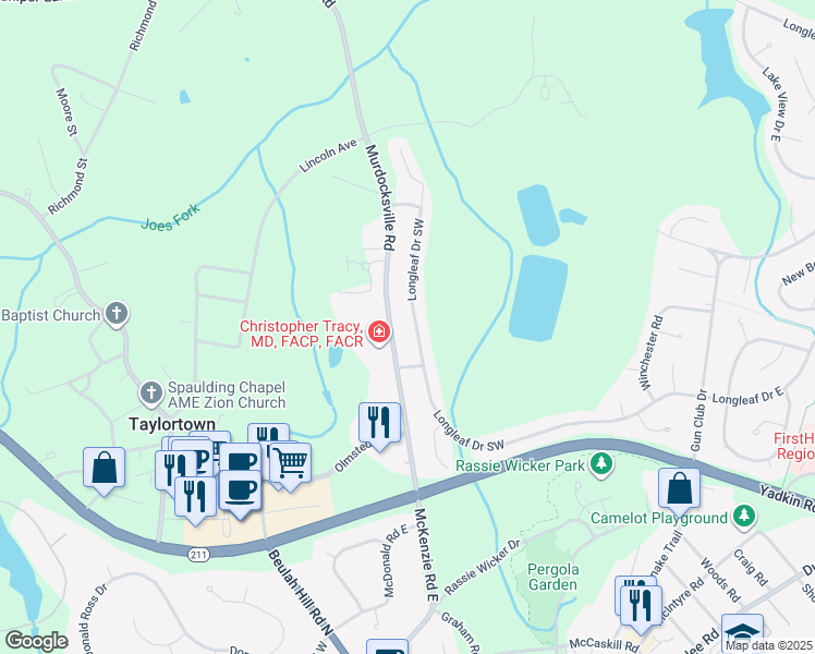 map of restaurants, bars, coffee shops, grocery stores, and more near 2501 Longleaf Drive Southwest in Pinehurst