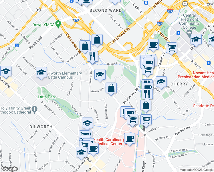 map of restaurants, bars, coffee shops, grocery stores, and more near 1109 East Morehead Street in Charlotte
