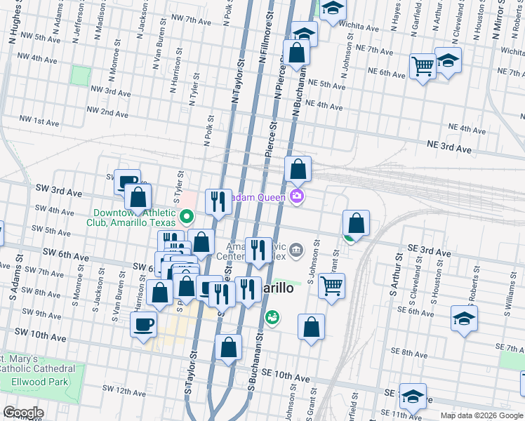map of restaurants, bars, coffee shops, grocery stores, and more near 205 South Pierce Street in Amarillo
