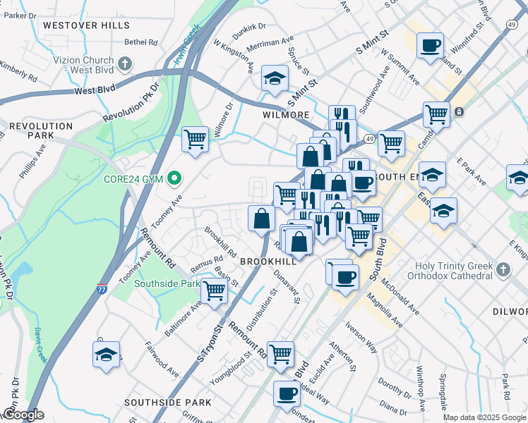 map of restaurants, bars, coffee shops, grocery stores, and more near 340 West Tremont Avenue in Charlotte