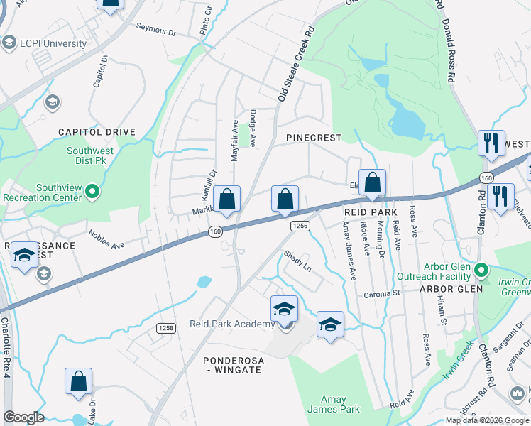map of restaurants, bars, coffee shops, grocery stores, and more near 2604 West Boulevard in Charlotte