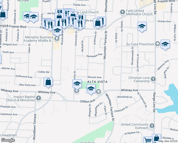 map of restaurants, bars, coffee shops, grocery stores, and more near 3125 Boone Street in Memphis