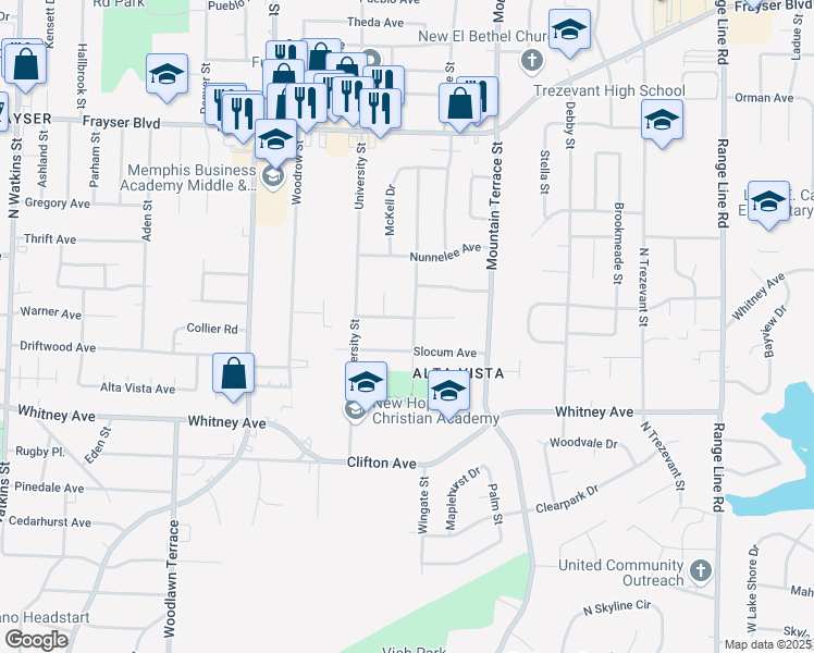 map of restaurants, bars, coffee shops, grocery stores, and more near 3125 Boone Street in Memphis