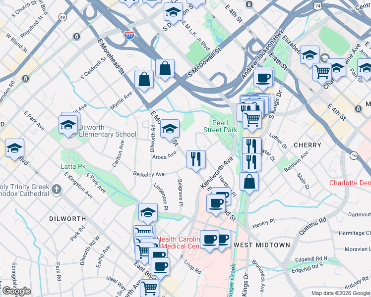 map of restaurants, bars, coffee shops, grocery stores, and more near 1109 East Morehead Street in Charlotte