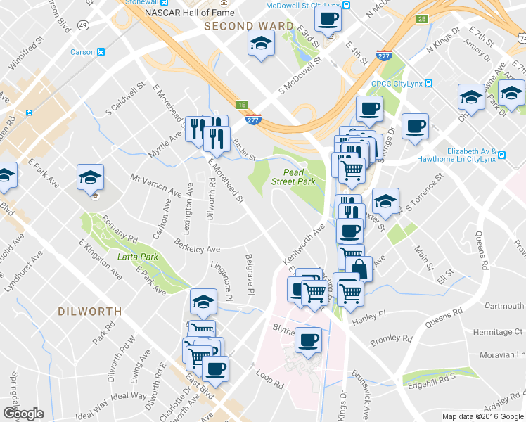 map of restaurants, bars, coffee shops, grocery stores, and more near 1115 East Morehead Street in Charlotte
