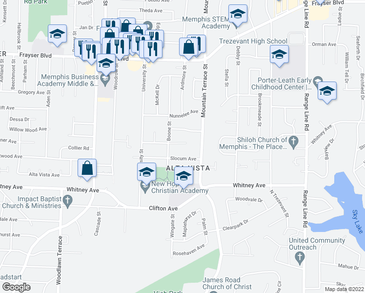 map of restaurants, bars, coffee shops, grocery stores, and more near 2313 Willow Wood Avenue in Memphis