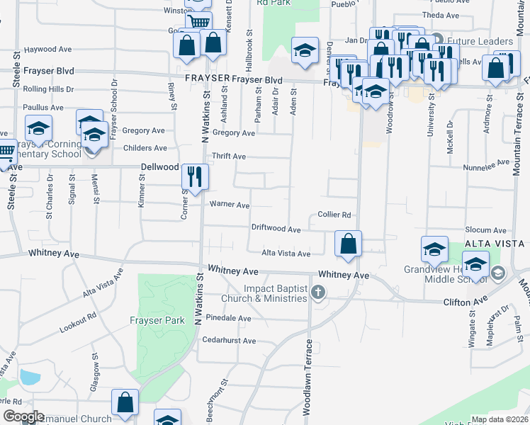map of restaurants, bars, coffee shops, grocery stores, and more near 1919 Warner Avenue in Memphis