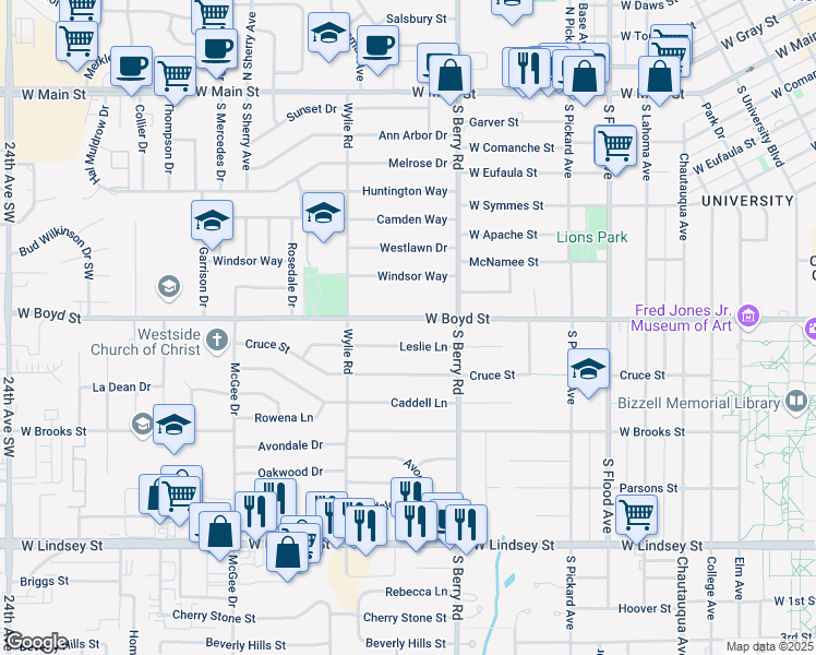 map of restaurants, bars, coffee shops, grocery stores, and more near 1310 West Boyd Street in Norman