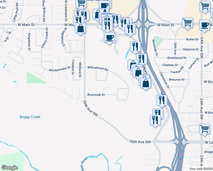 map of restaurants, bars, coffee shops, grocery stores, and more near 3401 Riverwalk Court in Norman