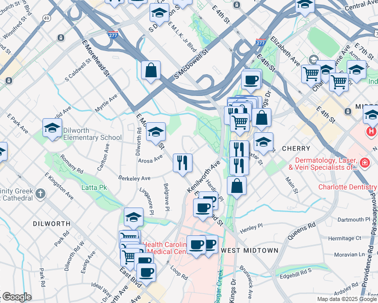 map of restaurants, bars, coffee shops, grocery stores, and more near 1133 Harding Place in Charlotte