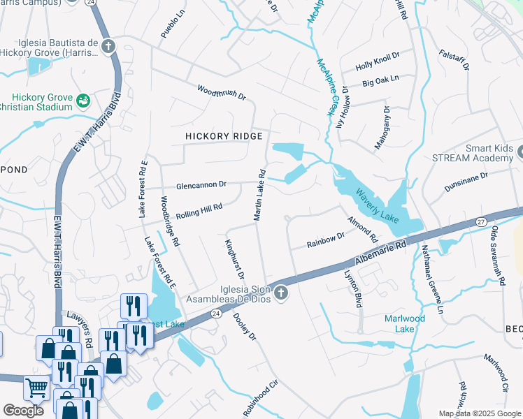 map of restaurants, bars, coffee shops, grocery stores, and more near 6010 Martin Lake Road in Charlotte