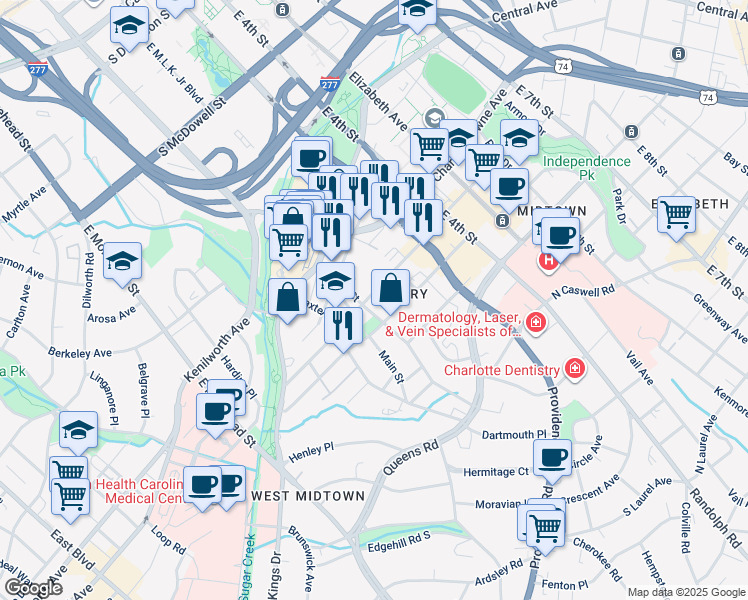 map of restaurants, bars, coffee shops, grocery stores, and more near 335 South Torrence Street in Charlotte
