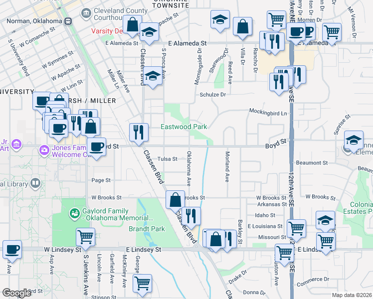 map of restaurants, bars, coffee shops, grocery stores, and more near 644 Boyd Street in Norman